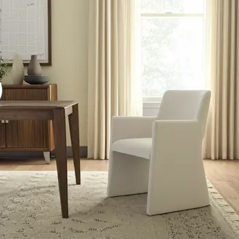 White Upholstered Faux Linen Dining Arm Chair