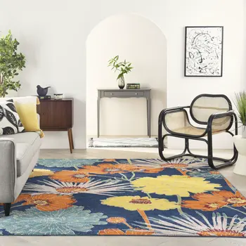 9' X 12' Blue Botanical Leaves Power Loom Area Rug