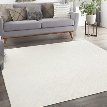 9' Ivory And White Square Geometric Indoor Outdoor Area Rug