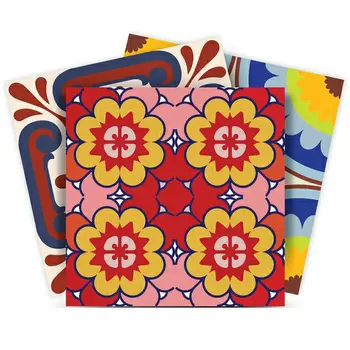 12" X 12" Pink, Red and Yellow Auguri Geo Peel and Stick Removable Tiles