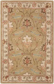 3' X 4' Ivory Sage and Tan Wool Floral Area Rug