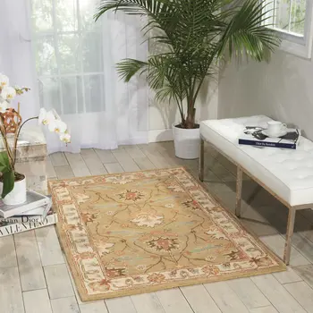 3' X 4' Ivory Sage and Tan Wool Floral Area Rug