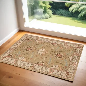 3' X 4' Ivory Sage and Tan Wool Floral Area Rug