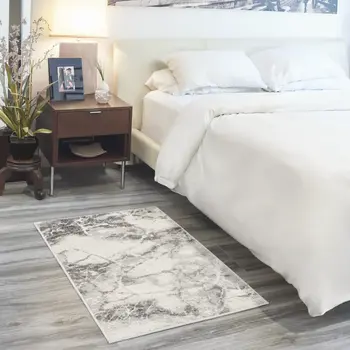 2' X 3' Ivory and Gray Abstract Non Skid Area Rug