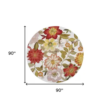 8' Ivory and Red Botanical Leaves Round Rug