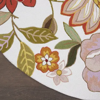 8' Ivory and Red Botanical Leaves Round Rug