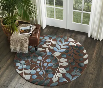 5' Brown Botanical Leaves Round Rug