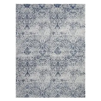 6' X 9' Navy Blue And Ivory Damask Distressed Area Rug