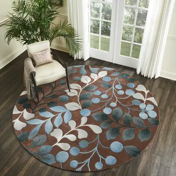 8' Brown Botanical Leaves Round Rug