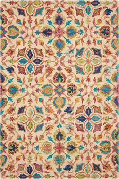 4' X 6' Ivory Blue And Red Wool Geometric Hand Tufted Area Rug