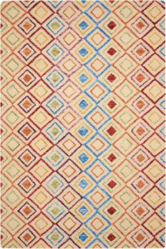 4' X 6' Ivory Blue And Red Wool Geometric Hand Tufted Area Rug