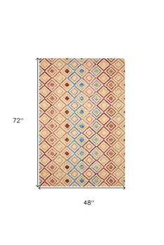 4' X 6' Ivory Blue And Red Wool Geometric Hand Tufted Area Rug