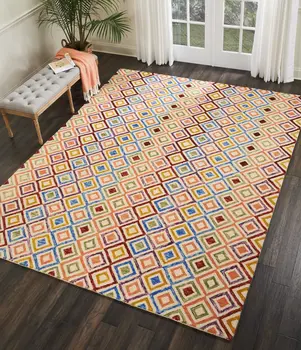 8' X 11' Ivory Blue And Red Wool Geometric Hand Tufted Area Rug