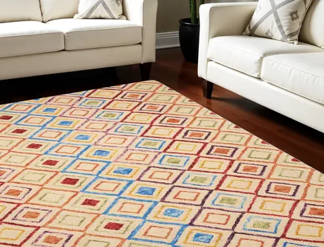 8' X 11' Ivory Blue And Red Wool Geometric Hand Tufted Area Rug