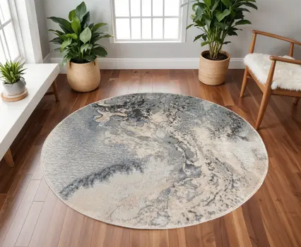 5' Gray Blue and Ivory Abstract Round Rug
