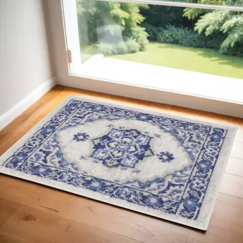 2' X 3' Blue and Ivory Floral Medallion Area Rug