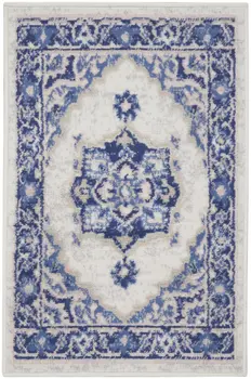 2' X 3' Blue and Ivory Floral Medallion Area Rug