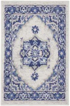 2' X 3' Blue and Ivory Floral Medallion Area Rug