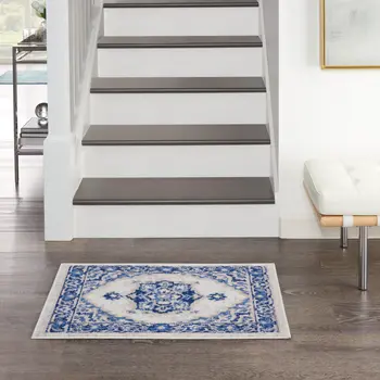 2' X 3' Blue and Ivory Floral Medallion Area Rug