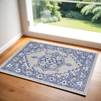 2' X 3' Gray and Blue Floral Area Rug
