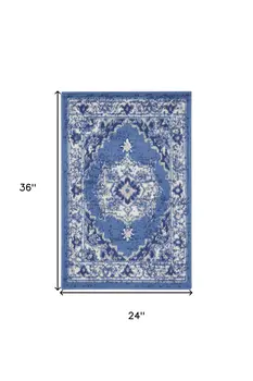 2' X 3' Ivory Navy Blue and Beige Floral Medallion Area Rug