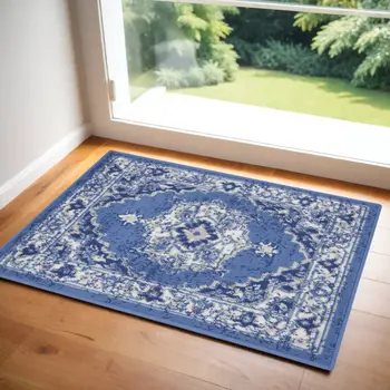 2' X 3' Ivory Navy Blue and Beige Floral Medallion Area Rug