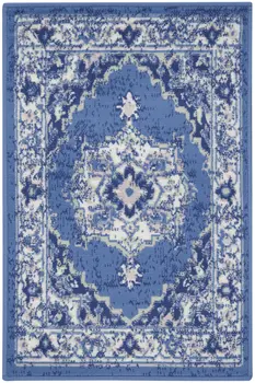 2' X 3' Ivory Navy Blue and Beige Floral Medallion Area Rug