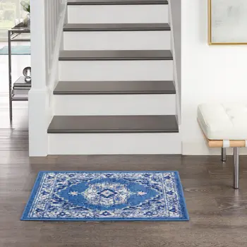 2' X 3' Ivory Navy Blue and Beige Floral Medallion Area Rug