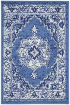 2' X 3' Ivory Navy Blue and Beige Floral Medallion Area Rug