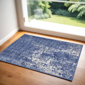 3' X 5' Ivory and Blue Abstract Distressed Area Rug