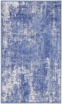 3' X 5' Ivory and Blue Abstract Distressed Area Rug