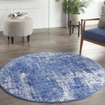 5' Ivory and Blue Abstract Distressed Round Rug