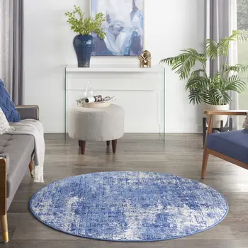5' Ivory and Blue Abstract Distressed Round Rug
