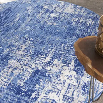 5' Ivory and Blue Abstract Distressed Round Rug