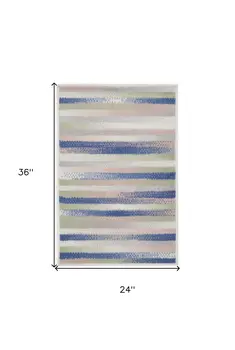2' X 3' Ivory Tan and Blue Striped Area Rug