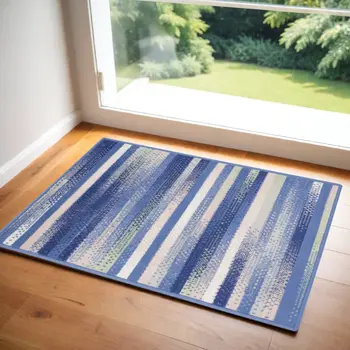 2' X 3' Ivory Tan and Blue Striped Area Rug