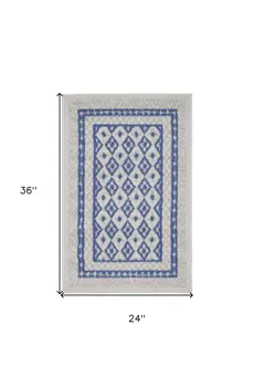 2' X 3' Ivory and Blue Geometric Distressed Area Rug