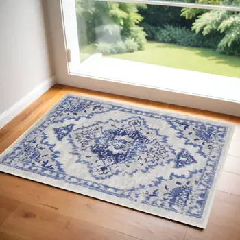 2' X 3' Ivory Blue and Gray Floral Medallion Area Rug