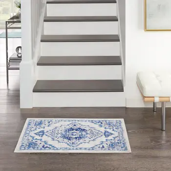 2' X 3' Ivory Blue and Gray Floral Medallion Area Rug