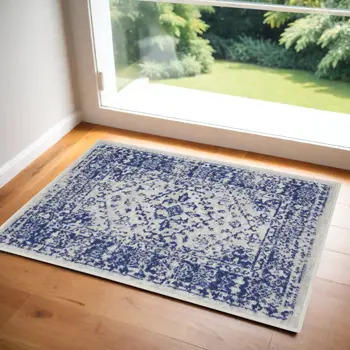 2' X 3' Ivory and Navy Blue Geometric Distressed Area Rug