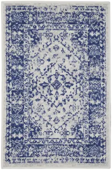 2' X 3' Ivory and Navy Blue Geometric Distressed Area Rug