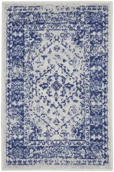 2' X 3' Ivory and Navy Blue Geometric Distressed Area Rug