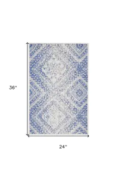 2' X 3' Ivory and Blue Geometric Distressed Area Rug