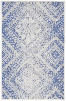 2' X 3' Ivory and Blue Geometric Distressed Area Rug