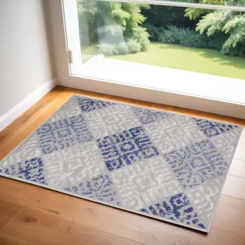 2' X 3' Beige Blue and Gray Geometric Area Rug