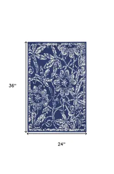 2' X 3' Ivory and Navy Blue Floral Distressed Area Rug