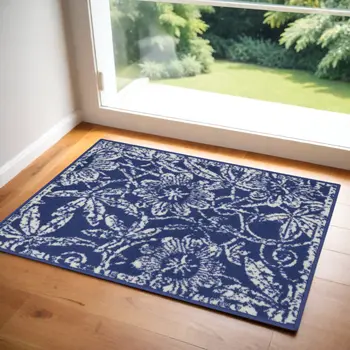 2' X 3' Ivory and Navy Blue Floral Distressed Area Rug