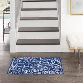 2' X 3' Ivory and Navy Blue Floral Distressed Area Rug