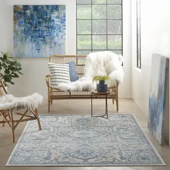 5' X 7' Blue Floral Power Loom Area Rug