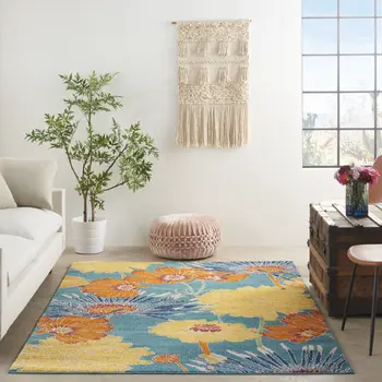 5' X 7' Blue Floral Power Loom Area Rug